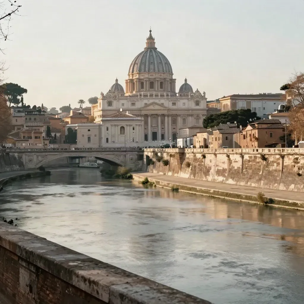 Roma al tramonto con cupola, tetti in travertino e fiume avvolto nella foschia