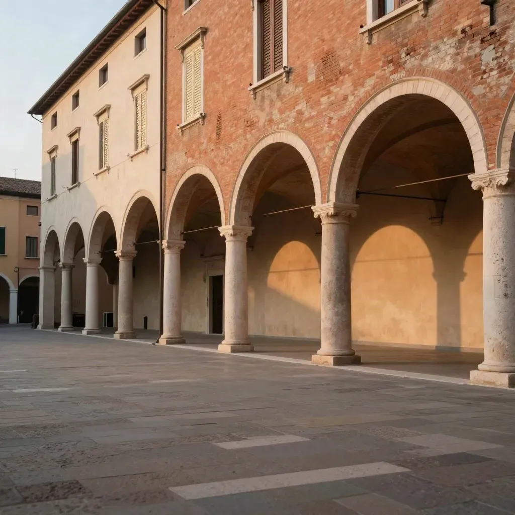 Portici in terracotta dell’Emilia-Romagna al tramonto, piazza quieta e luminosa.