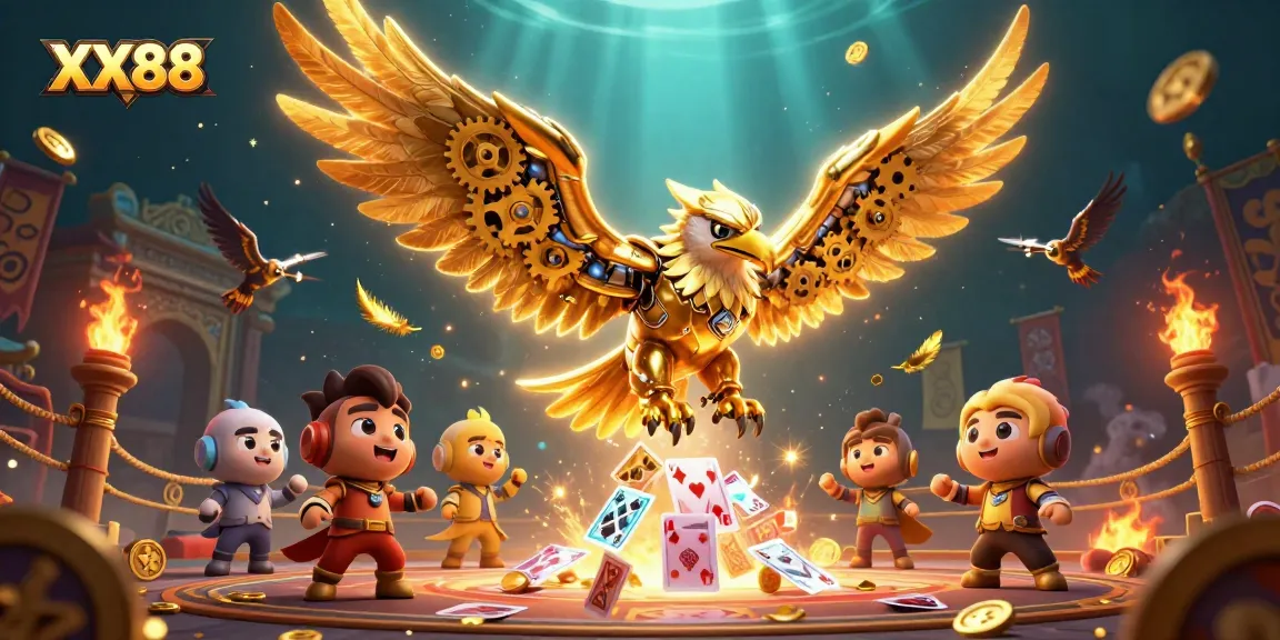 Engage with thrilling gameplay at XX88 as the cybernetic golden eagle dives through holographic cards.