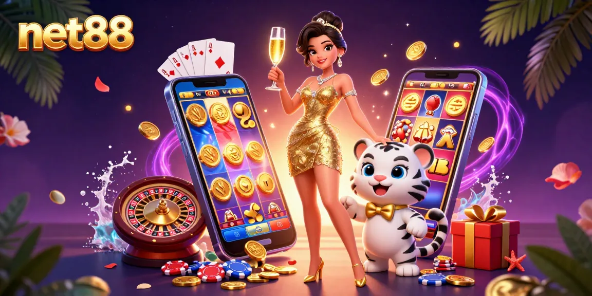 Experience the thrill of net88 casino gaming with a glamorous woman and a lucky tiger cub, set in an energetic gaming scene.