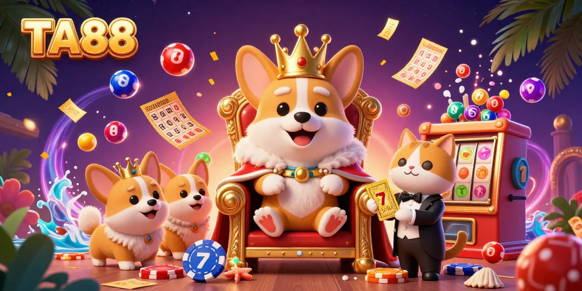 Engage with the vibrant TA88-themed casino scene featuring royal corgis amidst dynamic lottery elements.