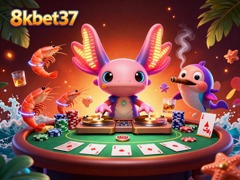 Join the fun at 8kbet37 with bright axolotl DJ and lively poker action.