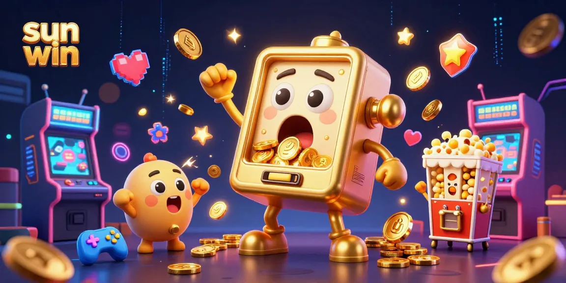 Experience the excitement of sun win as the golden slot machine hits the jackpot, surrounded by cheering mini slots.