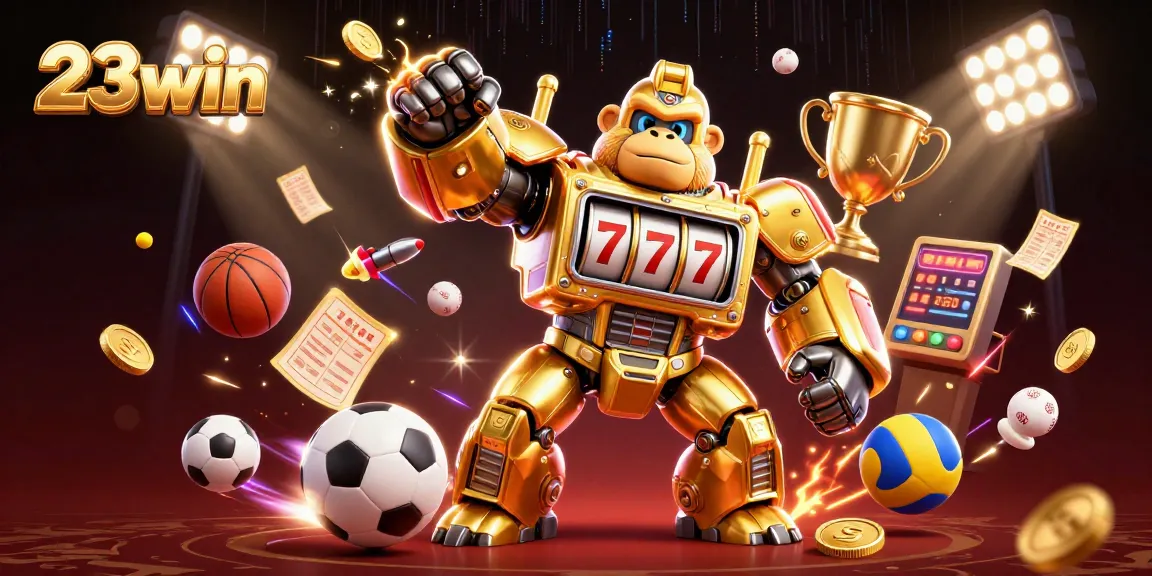 23win casino scene with a unique golden gorilla mech and sports elements creating excitement.