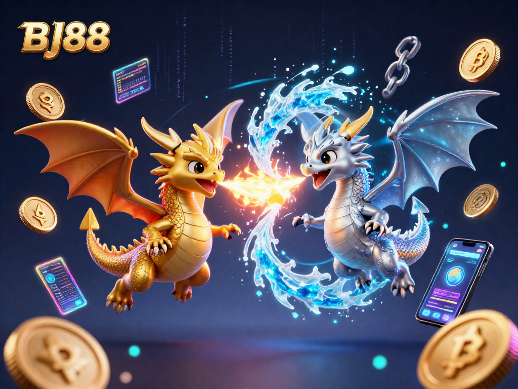 BJ88 offers thrilling gaming experiences featuring magical dragons and cryptocurrency elements in a vivid 3D illustration.