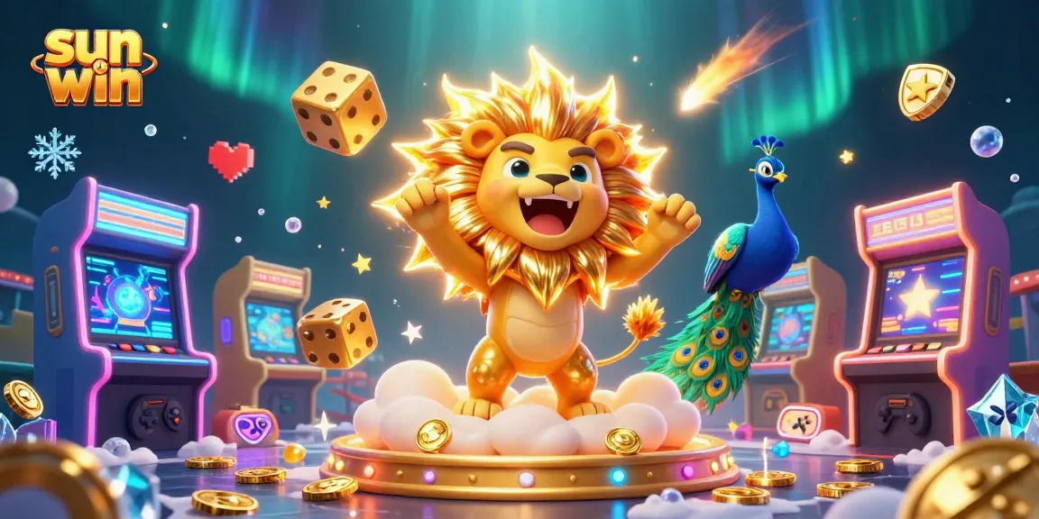 Experience thrilling gameplay at sun win while surrounded by casino-themed 3D illustrations of games and characters.