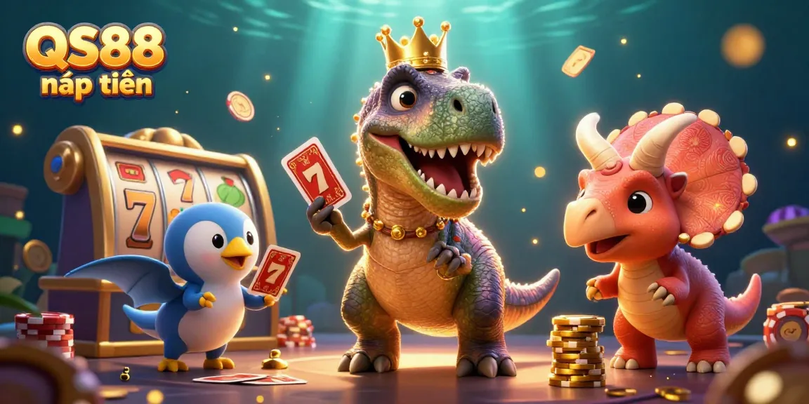 Experience the excitement of QS88 nạp tiền as a T-Rex plays cards with a pterodactyl, surrounded by slot symbols and golden chips.