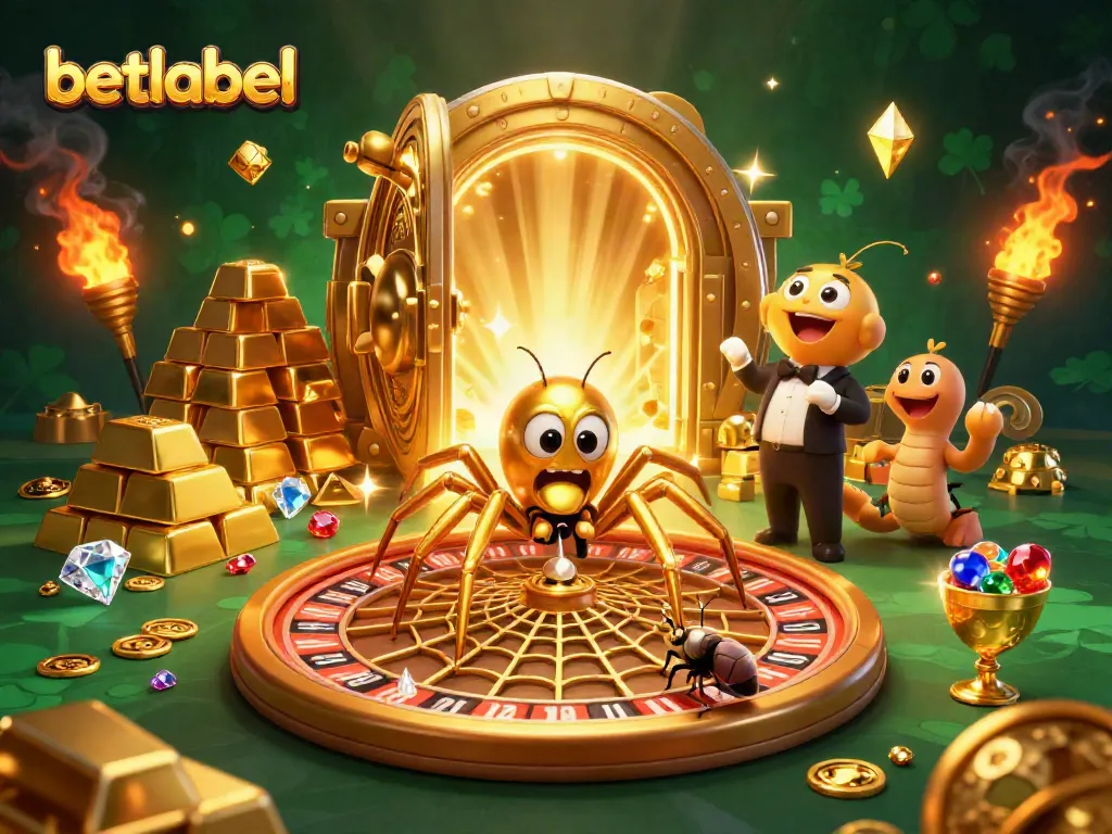 Experience thrilling bets at betlabel with a golden spider and a centipede croupier in a vibrant casino.