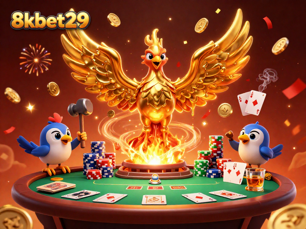 Win big at 8kbet29 with a vibrant casino scene featuring the molten phoenix and poker elements.