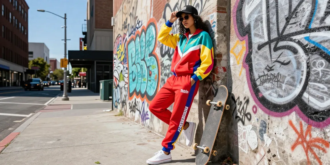 Individuo alla moda in una tuta trapstar donna contro uno sfondo urbano, che mostra uno stile streetwear elegante.