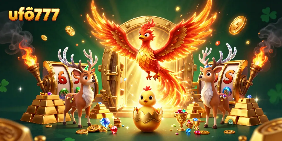 Engage in thrilling gameplay on ufo777 with a vibrant illustration of a majestic phoenix and treasure.