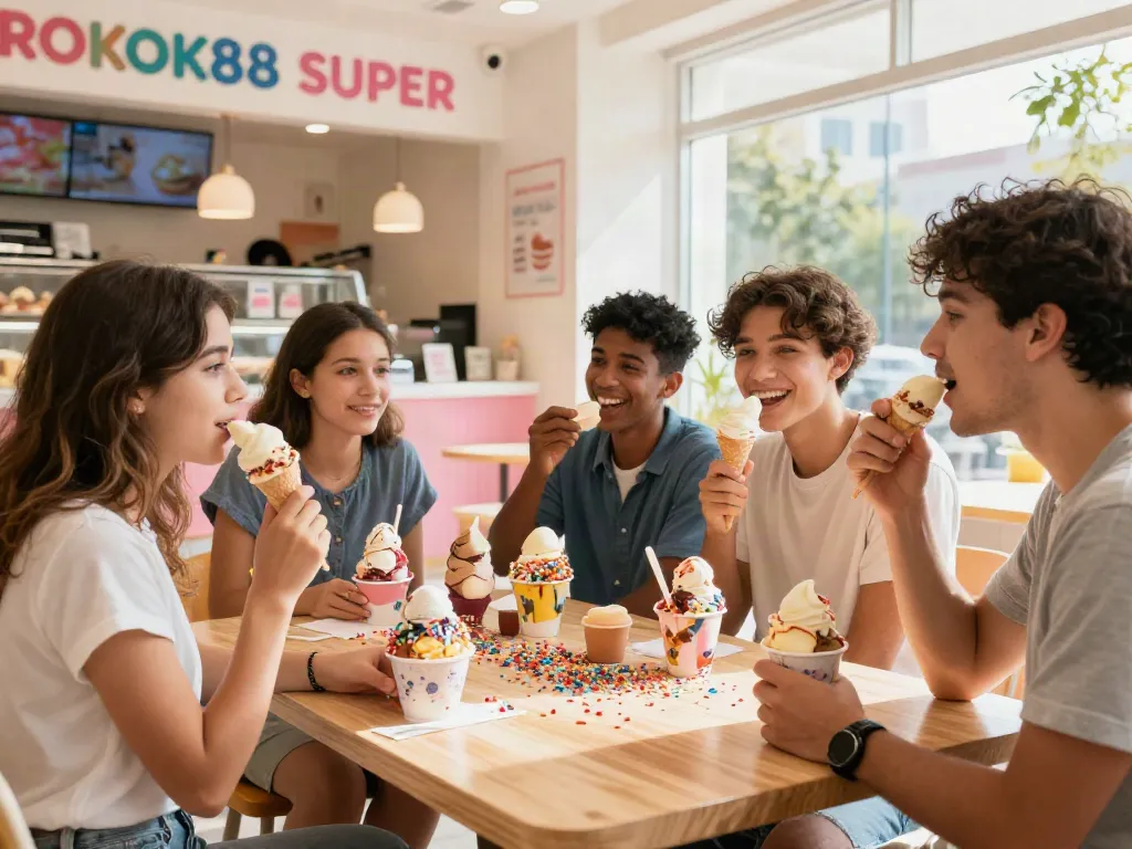 Delicious ice cream experience at ROKOK88 with friends enjoying vibrant flavors.