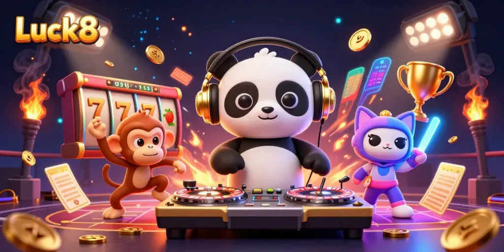 Engage with Luck8's lively atmosphere, where a DJ panda spins, a monkey dances, and casino elements abound.