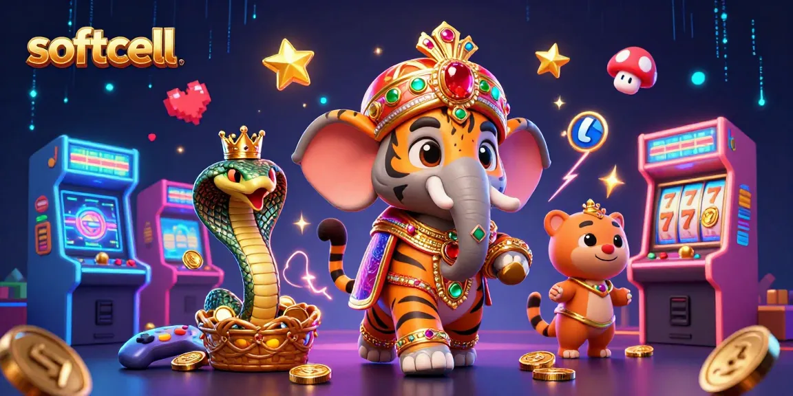 Engage with softcell's vibrant 3D casino illustration featuring a gaming maharaja, jewel-filled elephant, and dynamic slot elements.
