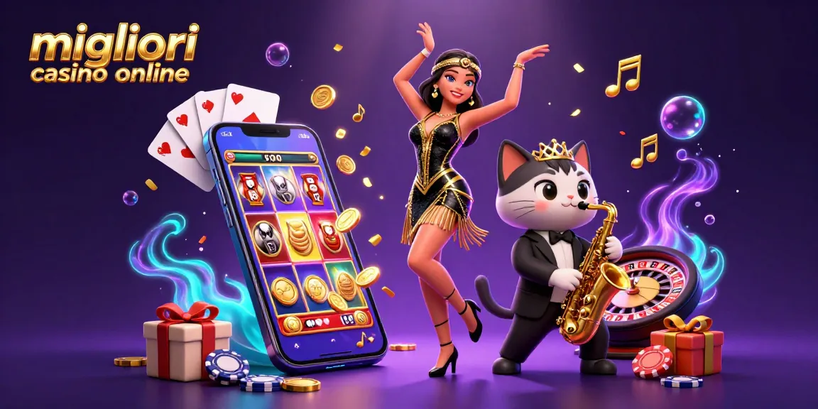 Scopri un'azione di gioco vibrante con i migliori casino online featuring una donna vivace e un gatto che suona il sassofono in 3D.