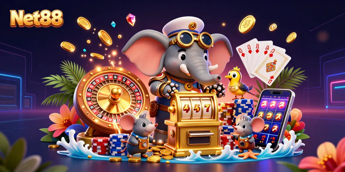 Engage with Net88's vibrant casino scene showcasing a steampunk elephant at a golden slot machine, immersive and detailed.