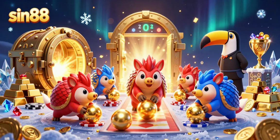 Experience thrilling gameplay at sin88 with animated pangolins, poker chips, and treasures.