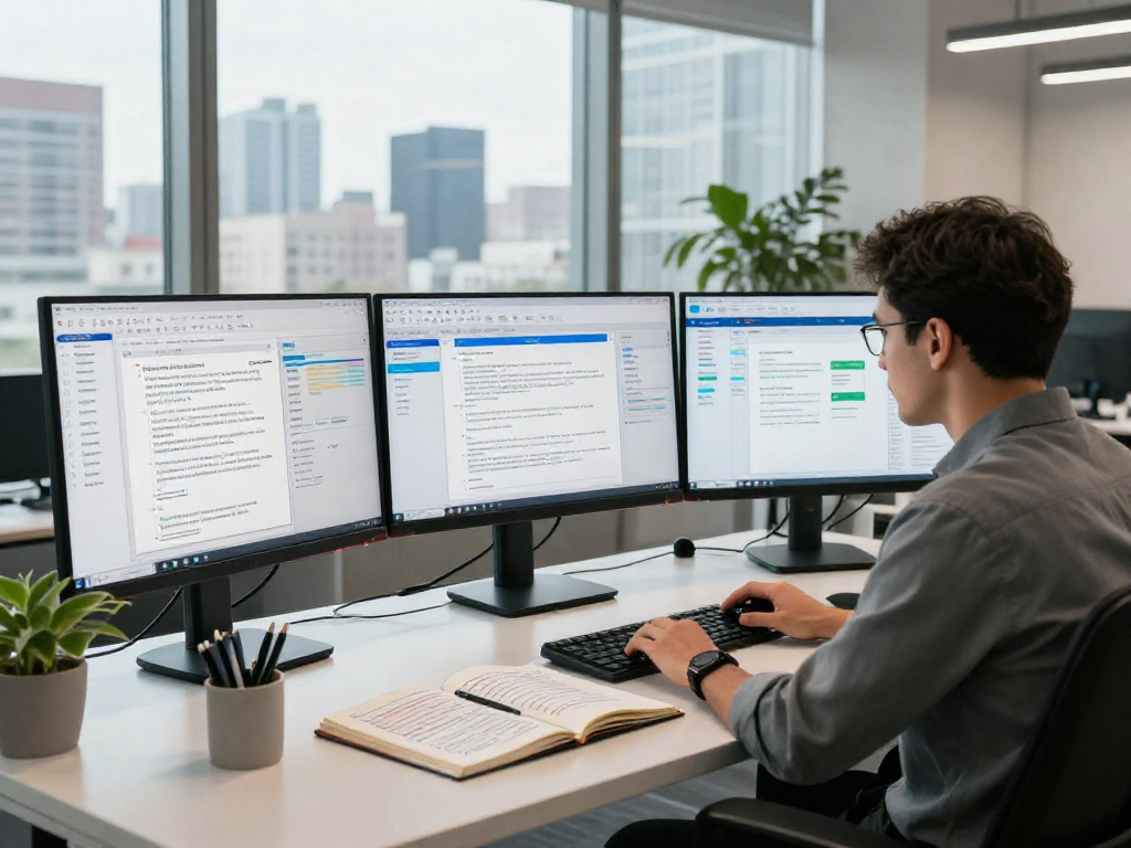 Advanced document fraud detection analysis in a modern workspace featuring high-tech analytics on multiple screens.