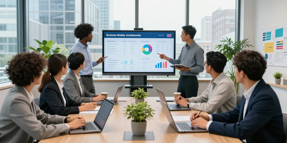 Business professionals collaborating on business mobile providers UK comparison in a modern office setting.