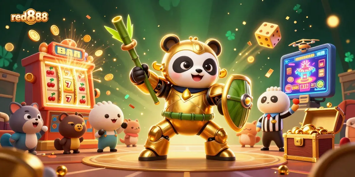 Experience thrilling gameplay with red888 featuring a golden panda in a rich casino arena bursting with winnings.