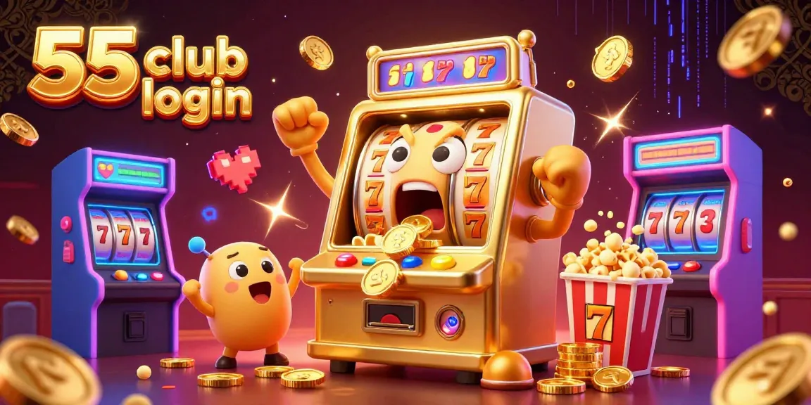Engage with the thrilling 55 club login experience as vibrant slot machines celebrate a jackpot moment.