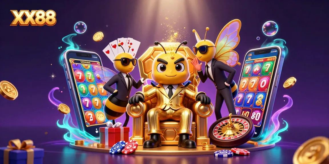 Engage with XX88's vibrant casino atmosphere featuring a bumblebee mob boss surrounded by gaming excitement.