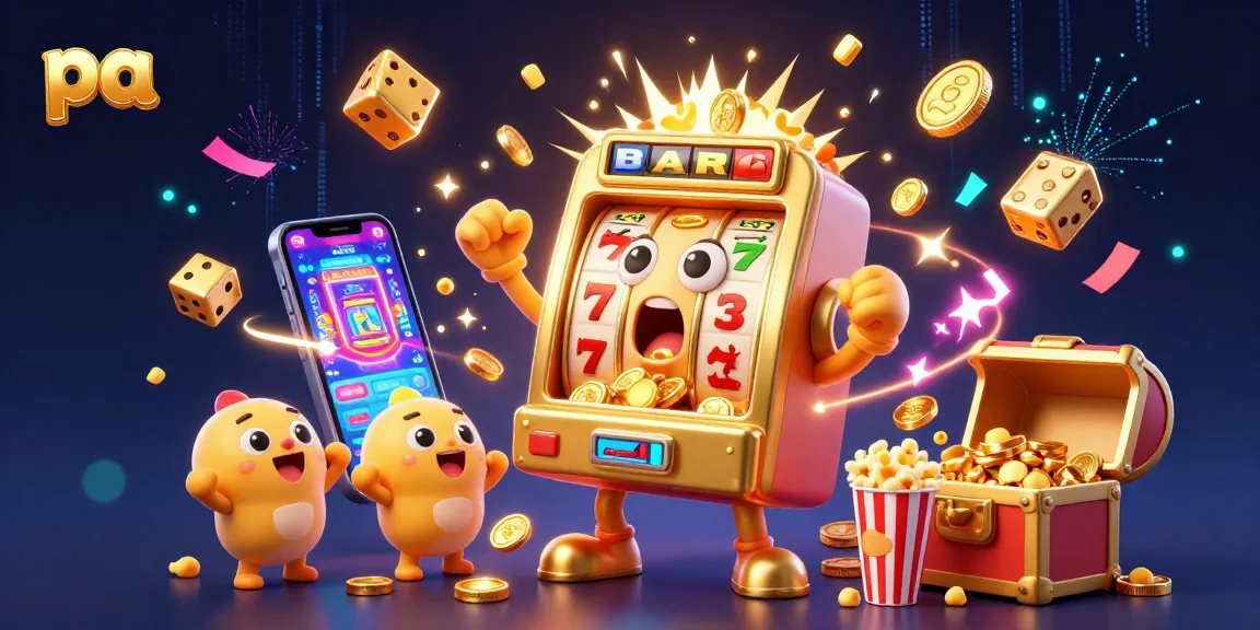 Engage with pa's exciting slot machine scene as coins burst triumphantly from winning jackpots.