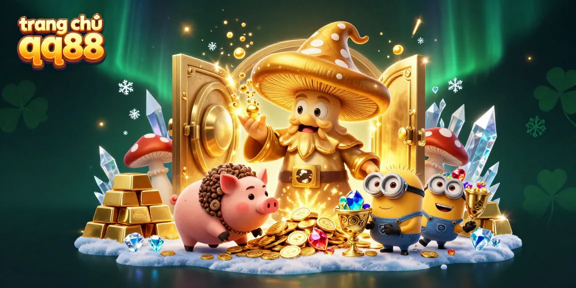Spin and win at trang chủ qq88 with a magical golden wizard, treasure, and stunning gems.