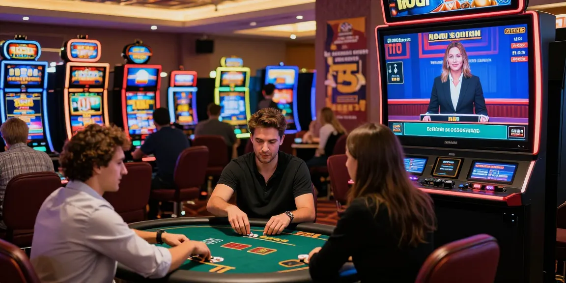 Casino sicuri non AAMS, scena di gioco vivace con giocatori ai tavoli di poker e dealer dal vivo, atmosfera vibrante.
