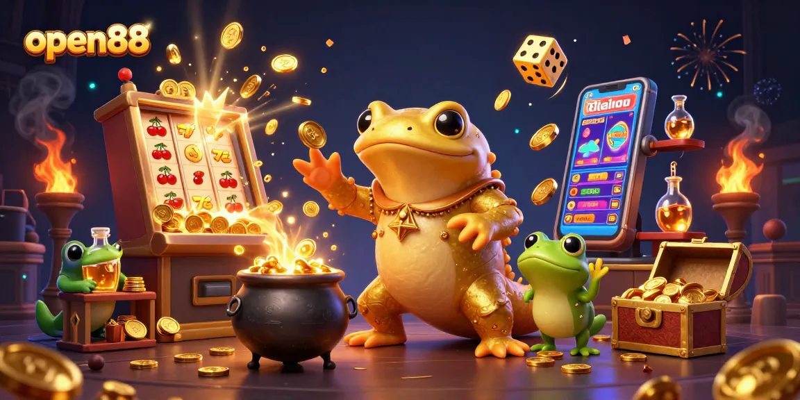 Experience the thrill of open88 with a vibrant 3D casino scene featuring jackpots and charming characters.