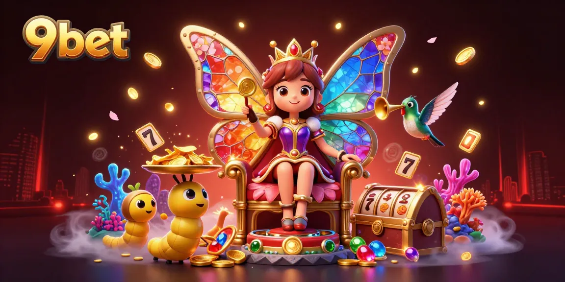 Experience the excitement of 9bet with a vibrant casino-themed 3D illustration featuring a butterfly queen and dynamic game elements.