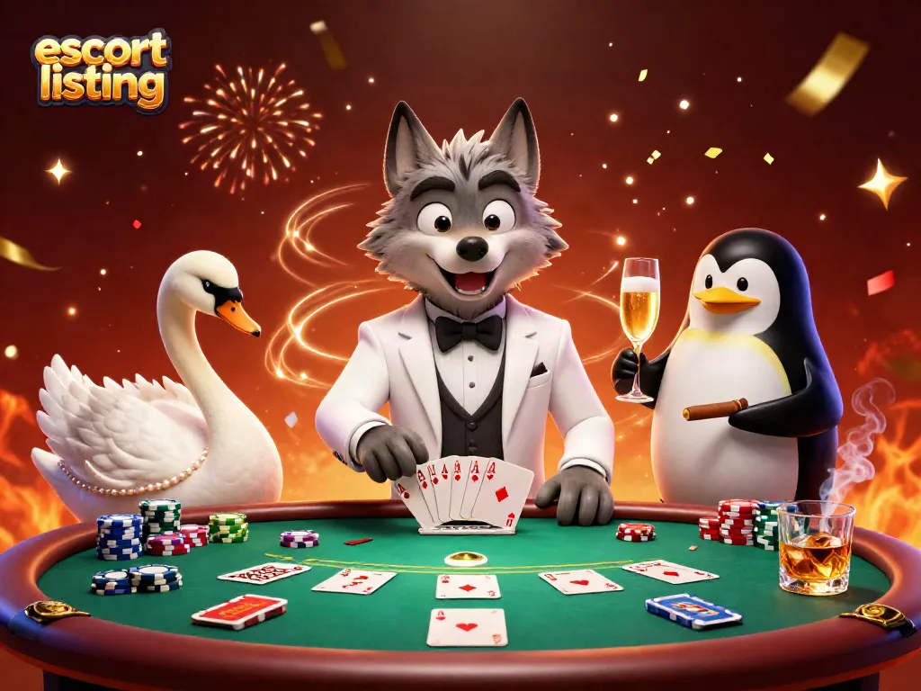 Explore dynamic escort listings as a debonair wolf plays baccarat with a swan and a penguin sommelier.