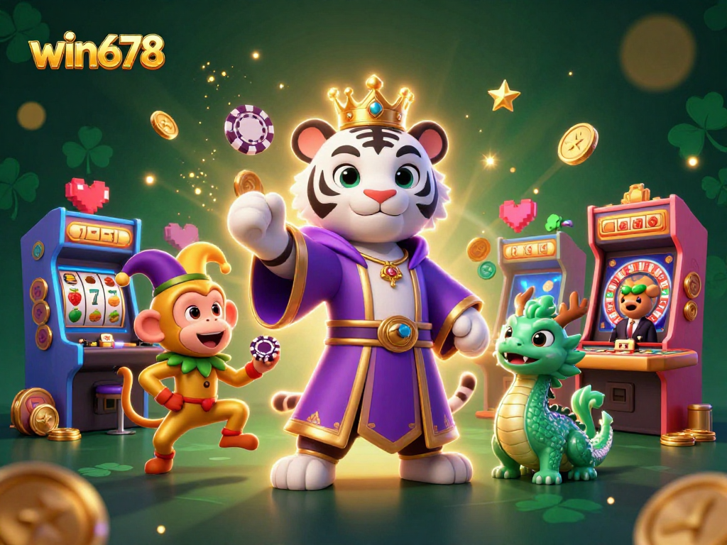 Engage in thrilling games at win678 with a dynamic casino scene featuring a playful white tiger and golden monkey.