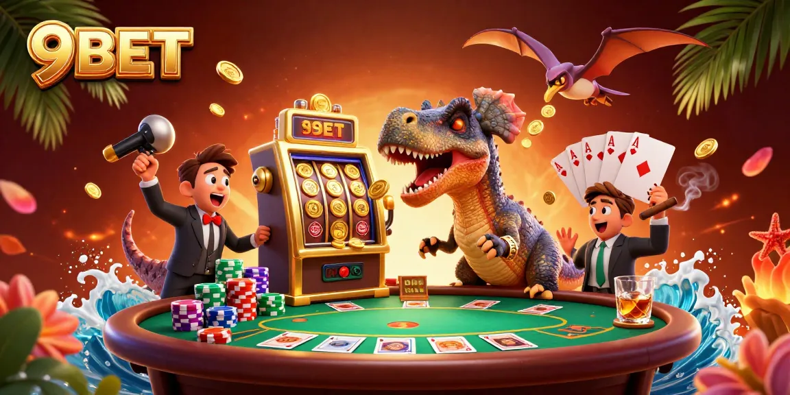 Experience the thrill of 9BET with cartoon characters celebrating a jackpot win at a casino.