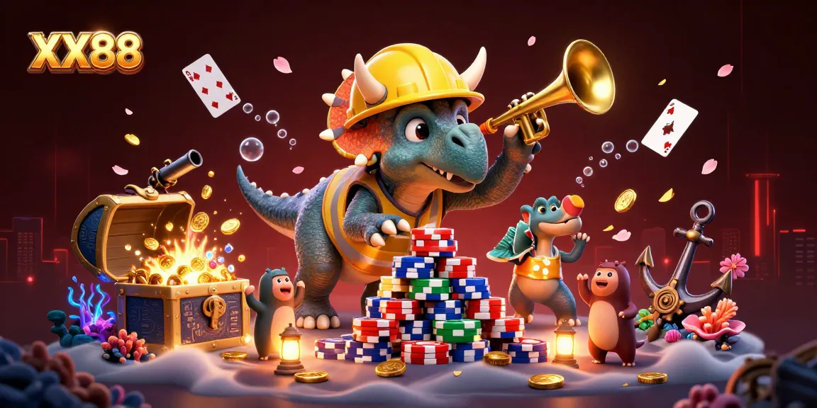 Play exciting games at XX88 with a dynamic scene of a cheerful triceratops and friends celebrating wins.