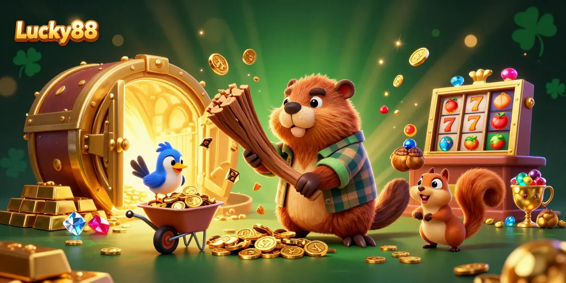 Experience the excitement of Lucky88 with a vibrant 3D scene of engaging casino characters and gold treasures.