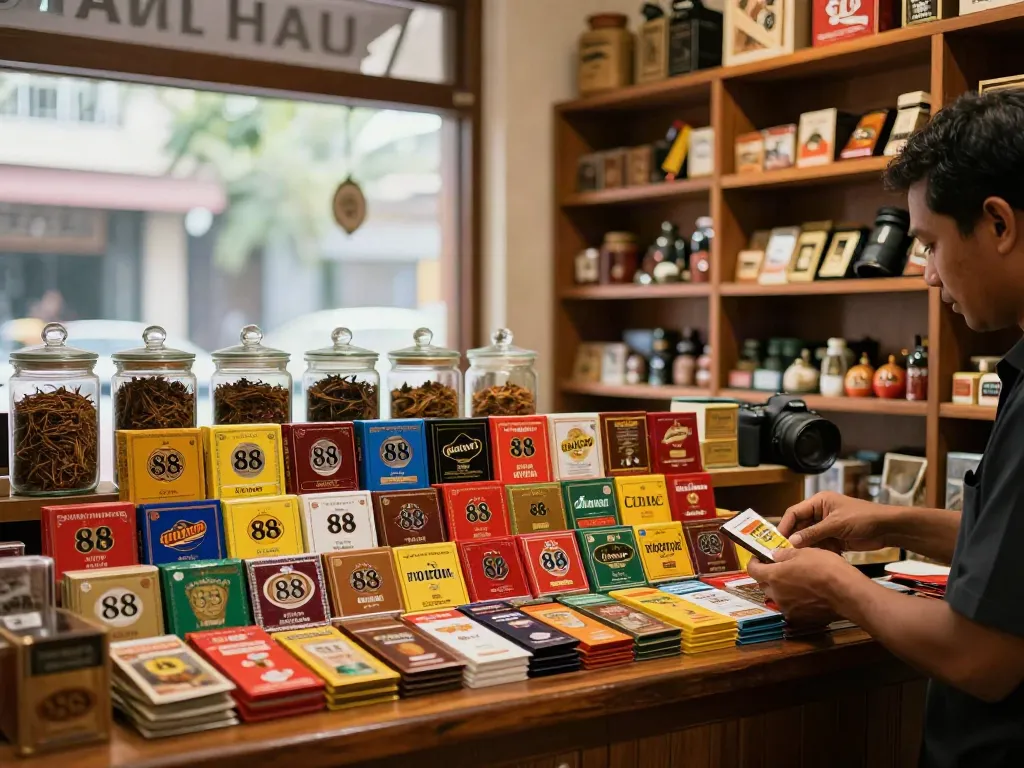 rokok 88 product display in an inviting tobacco shop with warm lighting