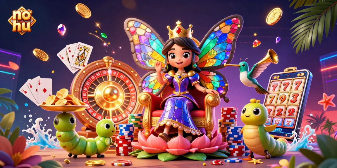 Spin to win at no hu with a vibrant 3D casino scene featuring a butterfly queen and golden coins.