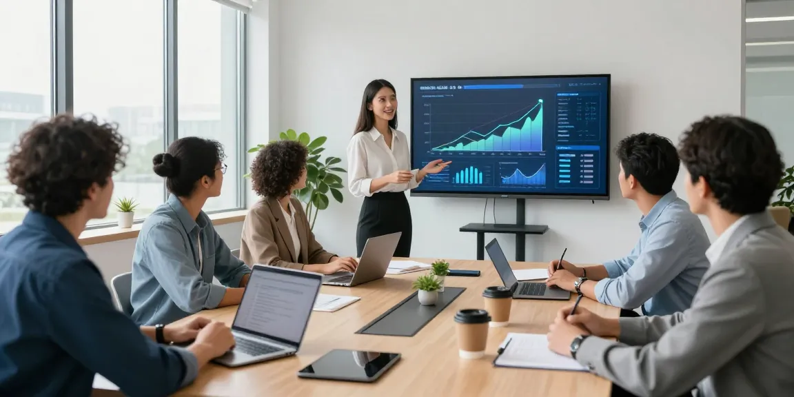 Team collaboration using AI for business insights in a modern workspace.