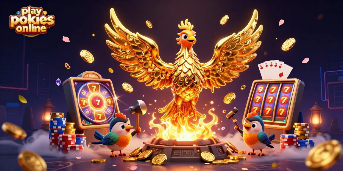 Play pokies online with a dynamic scene featuring a molten gold phoenix and vibrant slot elements.