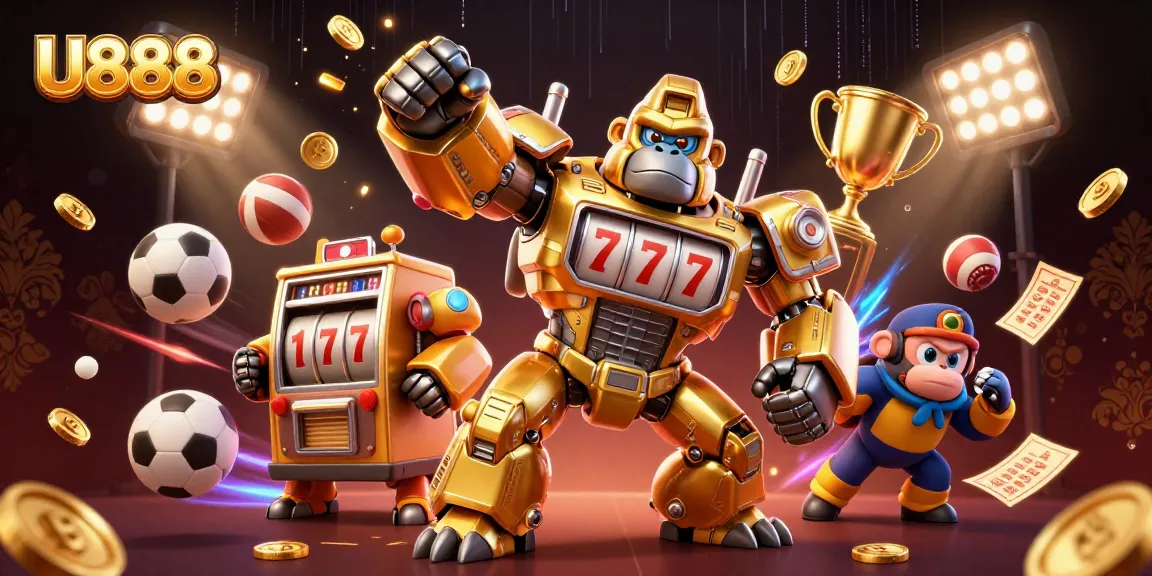 Experience dynamic gaming action with U888 featuring a 3D gorilla mech and flying sports elements.
