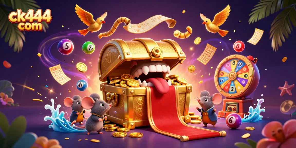 Experience thrilling games with ck444 com's prize-filled world in a vibrant 3D casino setting, showcasing colorful lottery elements.